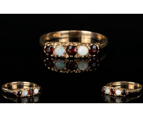 Ladies - Attractive 9ct Gold Opal and Garnet Set 5 Stone Ring. Fully Hallmarked. Ring Size Q - R. As New Condition. 