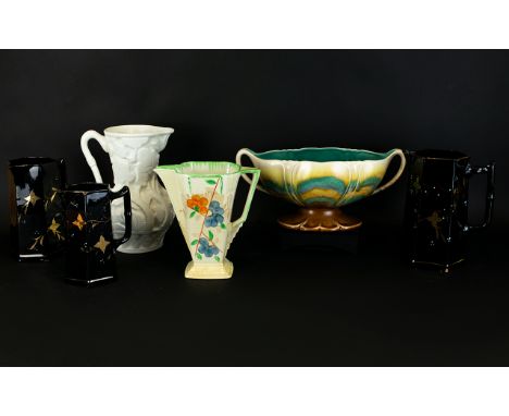Small Collection of Assorted Pottery including Three Victorian Black Graduated Jugs  of hexagonal form in black glaze with gi