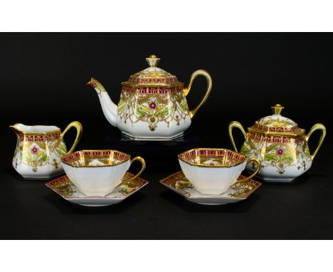 Noritake Top Quality Hand Decorated and Hand Painted Porcelain Tea for Two ( 7 ) Piece Service. c.1900 - 1910. Features Overl