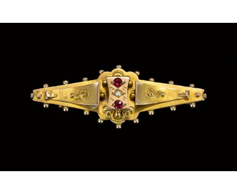 Victorian Period Attractive 9ct Gold Ruby and Seed Pearl Brooch. Fully Hallmarked for 9ct. Excellent Condition. 