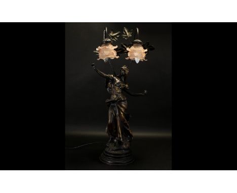 Large Figural Bronzed Effect Table Lamp, Modelled As A Classical Maiden, With Branch Supporting Two Lamps, Height 30 Inches