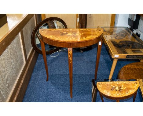 Italian Half Moon Shaped Musical Console Table, the hinged top which lifts to reveal storage compartment. The top with inlaid