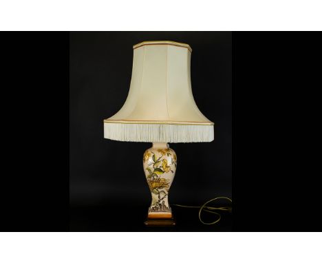 French - Nice Quality Louis Drimmer - Ceramic Crackle Glaze Table Lamp / Shade. From The 1980's with Hand Painted Floral Desi