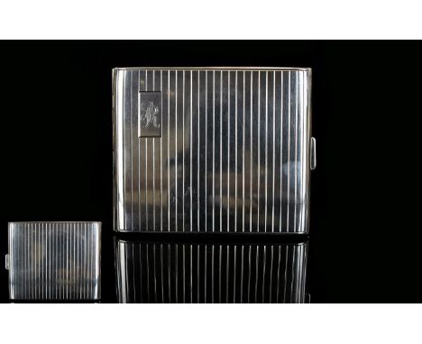 Very Good Quality 1930's Silver Engine Turned Cigarette Case with Regency Stripe Decoration to Front and Back, Gilt Interior.