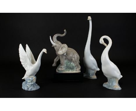 Nao by Lladro Collection of Porcelain Elephant and Bird Figures ( 4 ) In Total. Tallest Figure 13.5 Inches High, Elephant Fig