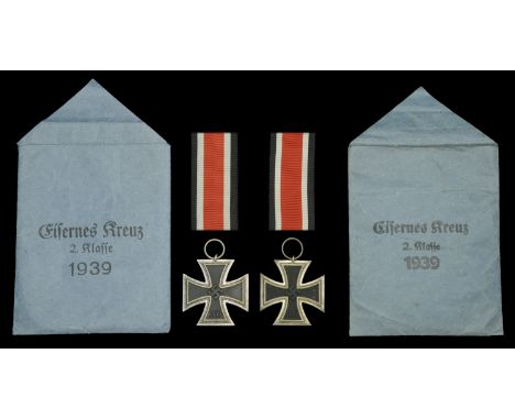 Iron Crosses Second Class 1939 in Original Presentation Packets. Two examples, the first by AHP, Hanau in Presentation Packet