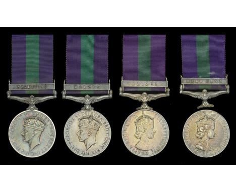 General Service 1918-62, 1 clasp (4), Palestine (6845675 Rfmn. W. Walker. K.R.R.C.); Malaya (2), G.VI.R. (S/19031685 Pte. B. 