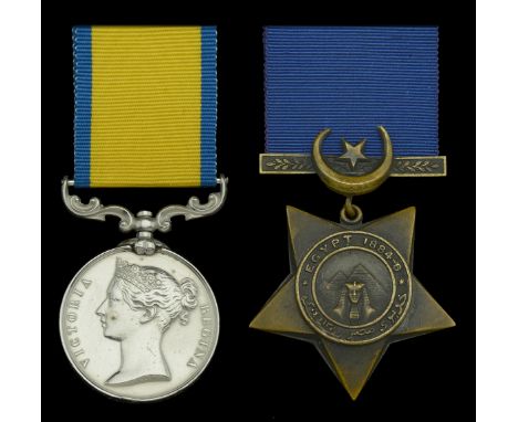 Khedive’s Star, dated 1884-6, unnamed as issued; together with a renamed Baltic Medal 1854-55 (R. Cole. Dr. R.M.L.I.) renamed