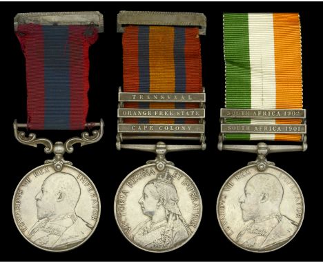 A Boer War D.C.M. group of three awarded to Sergeant J. H. Rickard, 38th Battery, Royal Field Artillery, who was slightly wou