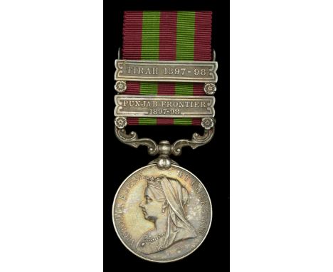 India General Service 1895-1902, 2 clasps, Punjab Frontier 1897-98, Tirah 1897-98 (4198 Dvr. G. Rousseter 24th Fd. Bty. R.A.)