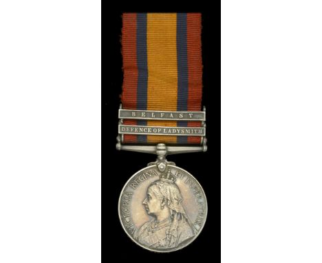 Queen’s South Africa 1899-1902, 2 clasps, Defence of Ladysmith, Belfast (5688 Pte. F. E. Martin, Rifle Brigade) very fine £14