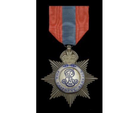 Imperial Service Medal, E.VII.R., Star issue (John W. Jago) mounted as worn on Elkington silver brooch, small loss of enamel 