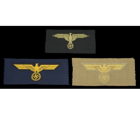 German Second World War Breast and Arm Eagles. A Kriegsmarine breast eagle in Bevo weave, yellow on blue, cut from roll; a Kr