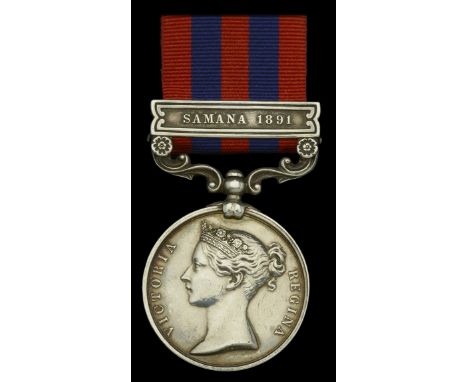 India General Service 1854-95, 1 clasp, Samana 1891 (20048 Sergt. R. Corcoran No. 3 Mn. By. R.A.) light contact marks, otherw