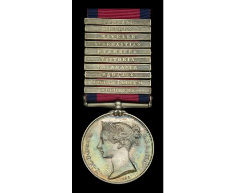 A fine 10-clasp Peninsula War medal awarded to Private William Needles, 48th Foot, who was severely wounded in the arm, leg a