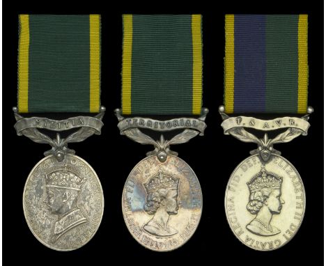 Efficiency Medal (3), G.VI.R., 1st issue, Militia (2557166 Sgln. F. Brown. R. Signals.); E.II.R., 2nd issue (2), Territorial 