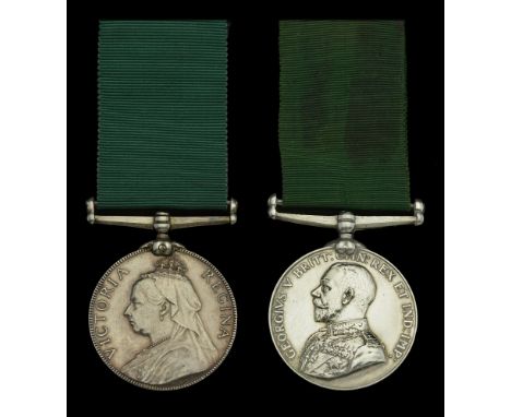 Volunteer Force Long Service Medal (2), V.R. (No. 13 C.S.M. E. Higgins. 1 Ld. R.E. 1895) contemporary engraved naming; G.V.R.