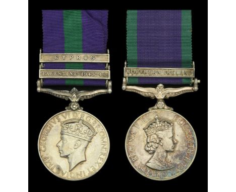 General Service 1918-62, 2 clasps, Palestine 1945-48, Cyprus, unofficial retaining rod between clasps (T/14433922 Dvr. A. R. 