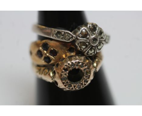 Victorian ruby and sapphire dress ring, with face gypsy set in a saltine arrangement, 1.1g A/F, an antique 9ct gold dress rin