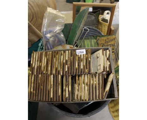 Galvanised wash tub, tools, tiles, cast brackets and roller skates etc
