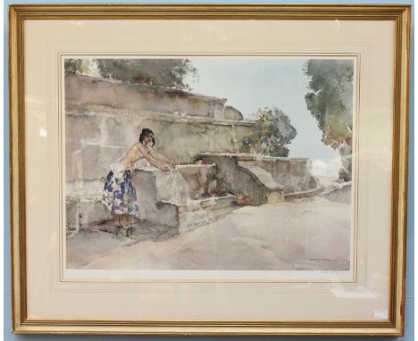 Sir William Russell Flint RA (1880-1969), 'Isabella De Lucenay,' semi-naked female figure by a water trough, signed in pencil