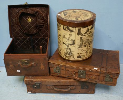 Three various good quality vintage brown leather suitcases together with a modern decoupage cylindrical cardboard storage box