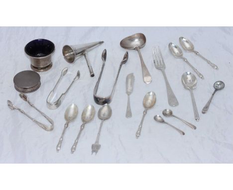 Assorted silver flatware including three pairs sugar tongs, sauce ladle, golf spoon, apostle spoons and a table salt, togethe