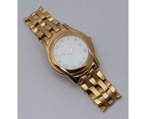 A Gents gold-plated Gucci wristwatch, the white enamel dial with Roman numerals denoting hours, and date aperture, on panther