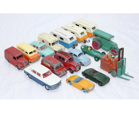 Sixteen various unboxed Dinky vehicles including 3x 190 Caravans, Daimler Ambulance, Ford Escort Police car, Bedford 'dinky T