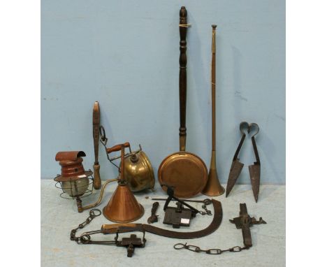 Three wrought-iron sprung animal traps together with various iron tools, a hand-held gas lamp and various copperware