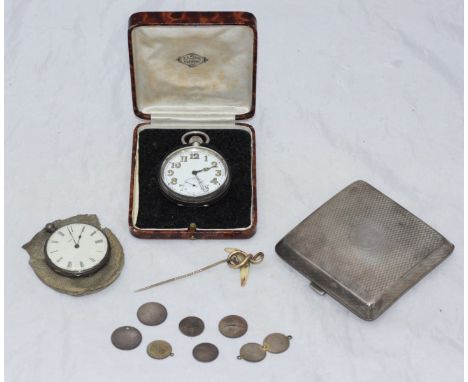 Two assorted silver pocket watches and a stick pin with a tooth, together with a silver cigarette case with engine turned dec