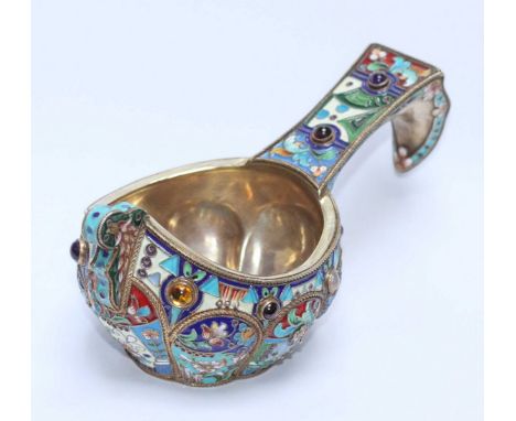 A late 19th century Russian silver-gilt and enamel Kovsh, decorated with filigree rope-twist framed panels of enamel flowers 