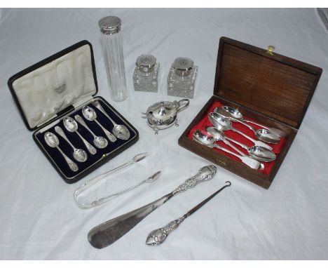 A set of six Victorian fiddle pattern teaspoons by Charles Boynton, London, 1867, together coffee spoons, sugar tongs, shoeho