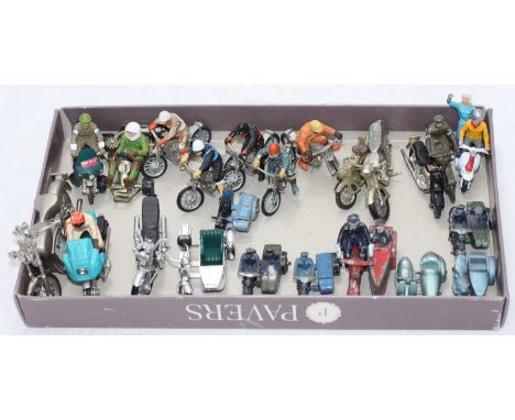 Twenty-three various scale model toy motorcycles, motorcycle and scooter combinations and speedway bikes with riders includin