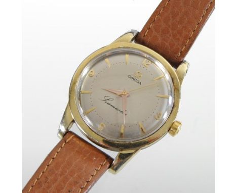 A 1970's Omega Seamaster gold plated wristwatch, the signed dial with baton hours and Arabic quarters, on a leather strap
