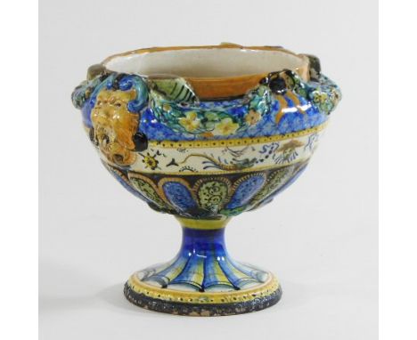 A Cantagalli pedestal vase, relief decorated with marks and swags, painted marks to base, 15cm high