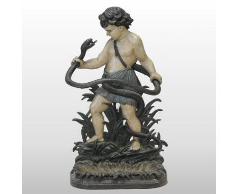 A Victorian painted cast iron stick stand, in the form of young Hercules and the serpent, with removable drip tray below, 83c