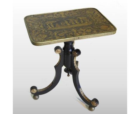 An early 19th century penwork and ebonised occasional table, the brass mounted top, decorated with a witch, musicians and har