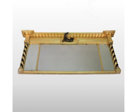 A Regency gilt framed triple plate over mantel mirror, the moulded cornice, with ball ornament, centred by a horse and flanke