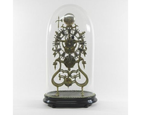A 19th century style brass skeleton clock, with four pillar fusee movement, the silvered chapter ring showing Roman numerals,