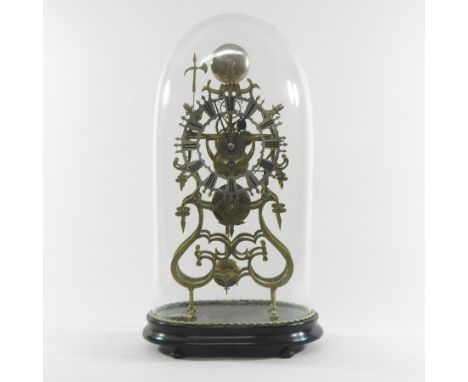 A 19th century style brass skeleton clock, with four pillar fusee movement, the silvered chapter ring showing Roman numerals,