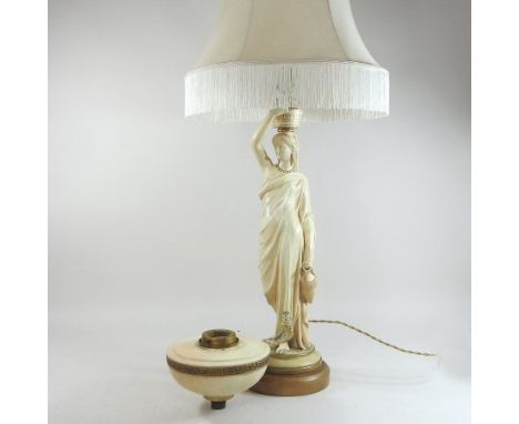 A late 19th century blush ivory porcelain figural table lamp and shade, probably Worcester, modelled as a Grecian lady, on a 