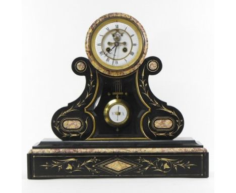 A Victorian black slate and marble mantel clock, the enamel dial showing Roman numerals, with gilt decoration, having and eig