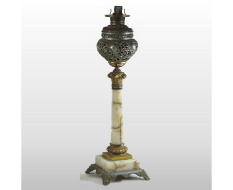 A 19th century marble and gilt metal mounted oil lamp, 77cm high