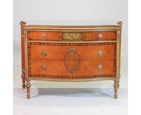 A good quality 19th century style French satinwood and gilt metal mounted commode, of serpentine shape, with painted decorati