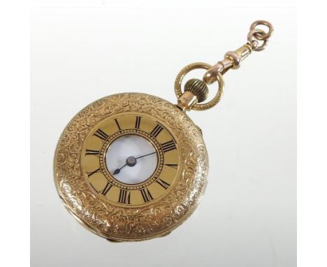 A Victorian 18 carat gold half hunter pocket watch, the engraved case with Roman hours, having a white enamel dial, numbered 