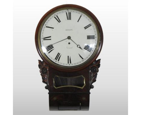 A 19th century mahogany cased drop dial wall clock, the painted 12 inch dial with Roman hours, signed Dixon, Norwich, the cas