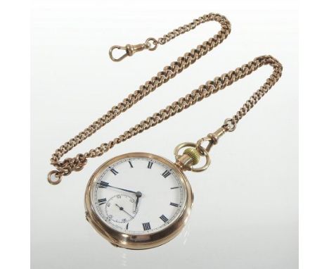An early 20th century 9 carat gold open faced pocket watch, the white enamel dial with Roman hours and subsidiary seconds dia