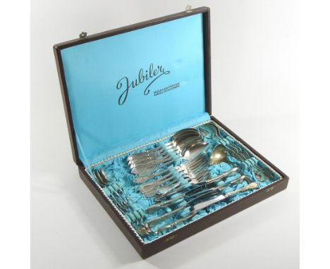 An early 20th century canteen of Polish silver cutlery, comprising of six table spoons, six table forks, six table knives, si