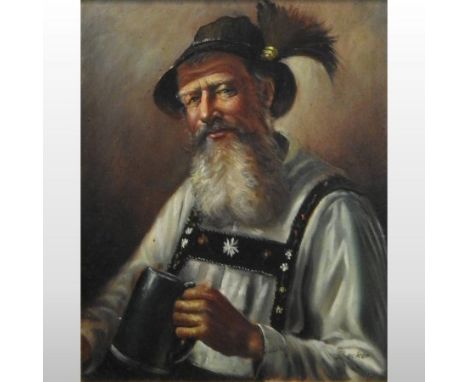 A Becker, (20th century), portrait of a man in traditional Swiss dress, oil on board, signed, 24 x 19cm